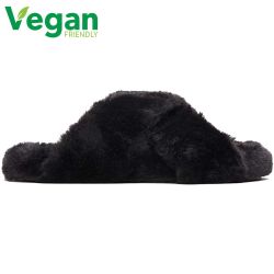 Toms Women's Susie Vegan Cross Over Slippers - Black Faux Fur